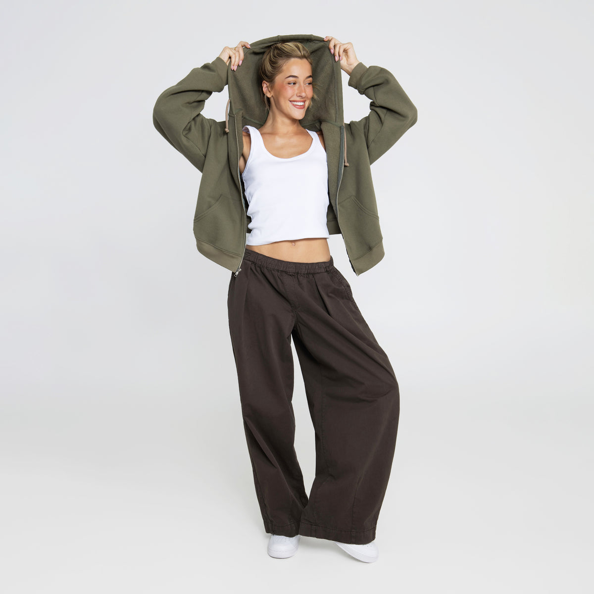 Cropped Zip-up Hoodie - Olive